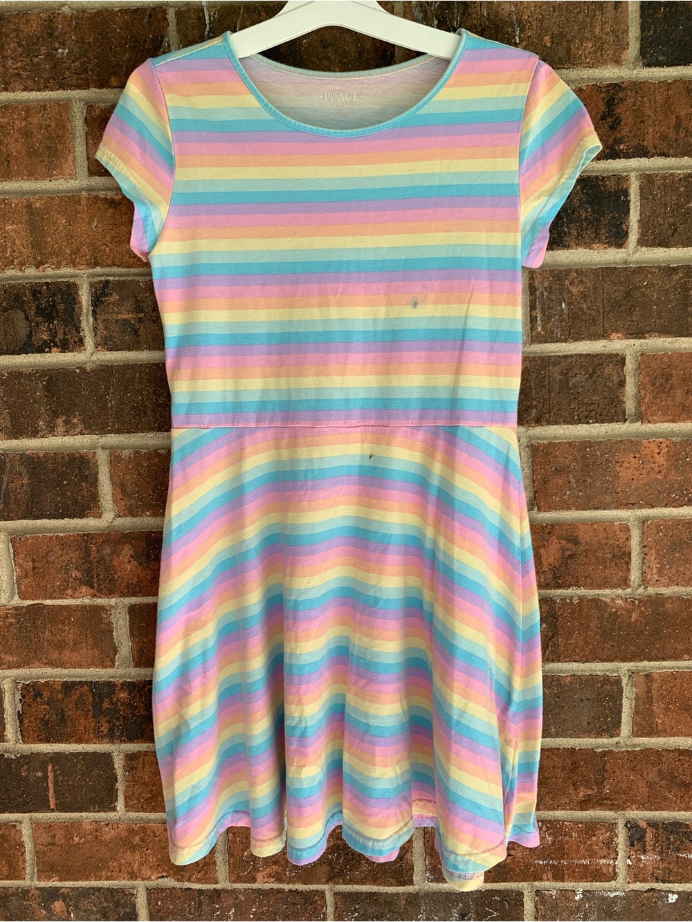 Place Pastel Rainbow Striped Girls Dress in Pink, Blue, Purple, Yellow